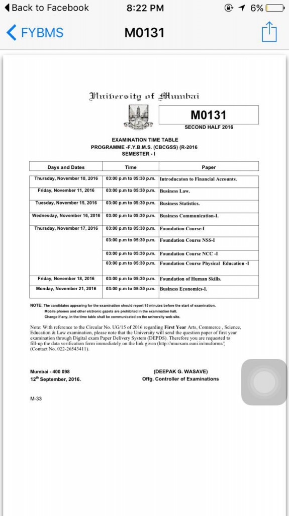 FYBMS time table 2016