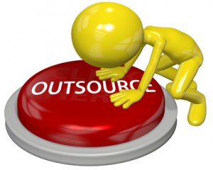 Business person cartoon push OUTSOURCE button concept