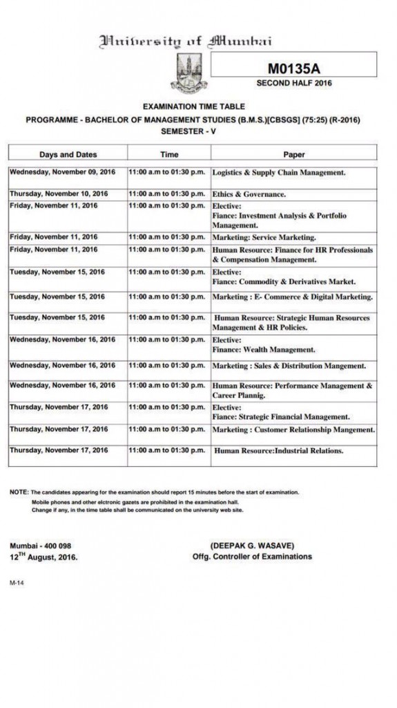 TYBMS SEM 5 ( 75:25 ) 2016 exam timetable